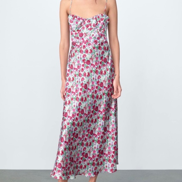Zara Rose Print Satin Midi Dress - Picture 1 of 5